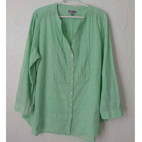 JM Collection Women XL Light Green Tunic Button Up Top Blouse 100% Cotton V-Neck - Picture 12 of 12